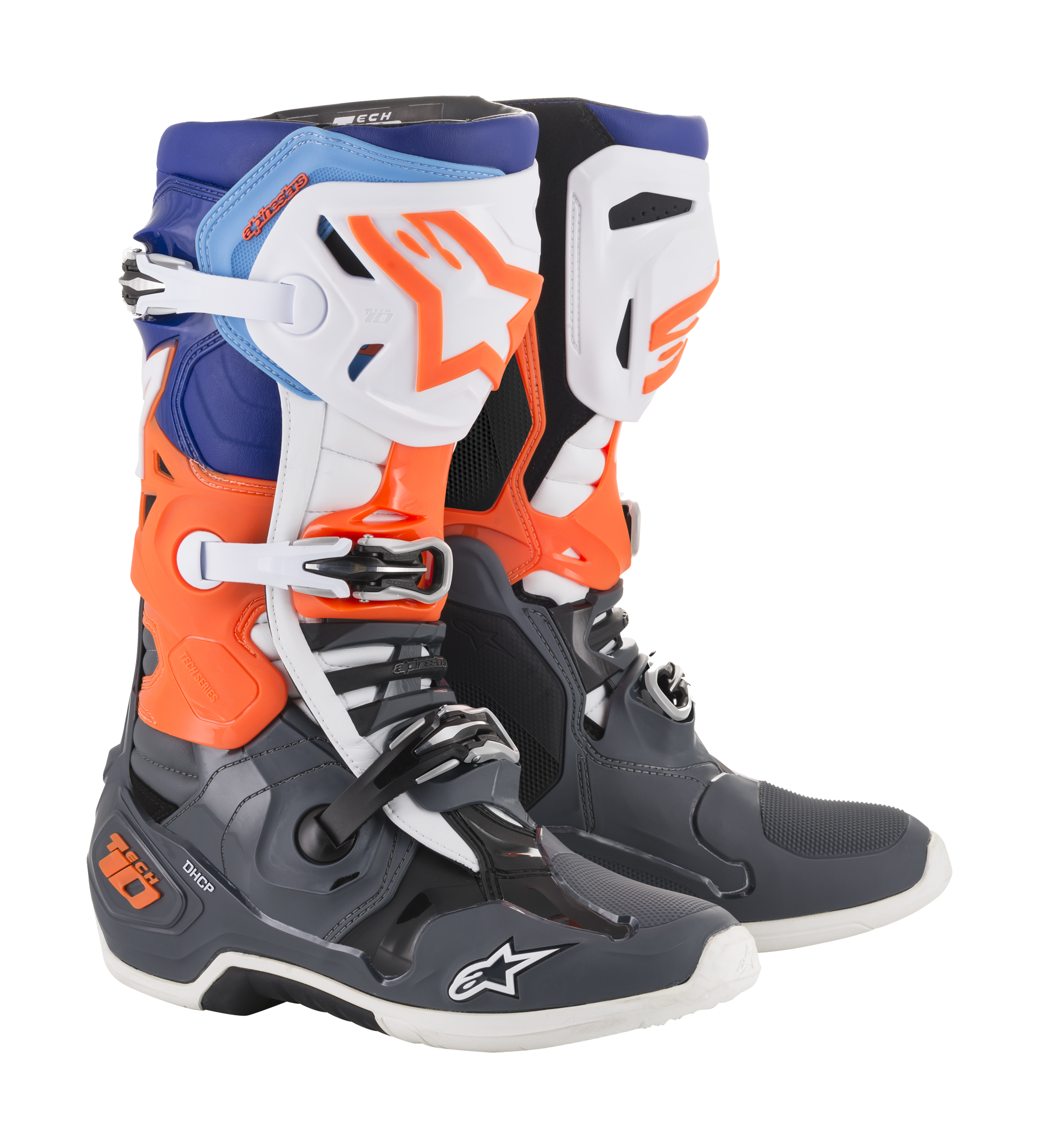 Alpinestars Motocross Boots Tech 10 v19 - Cool Grey / Orange Fluo / Blue / White