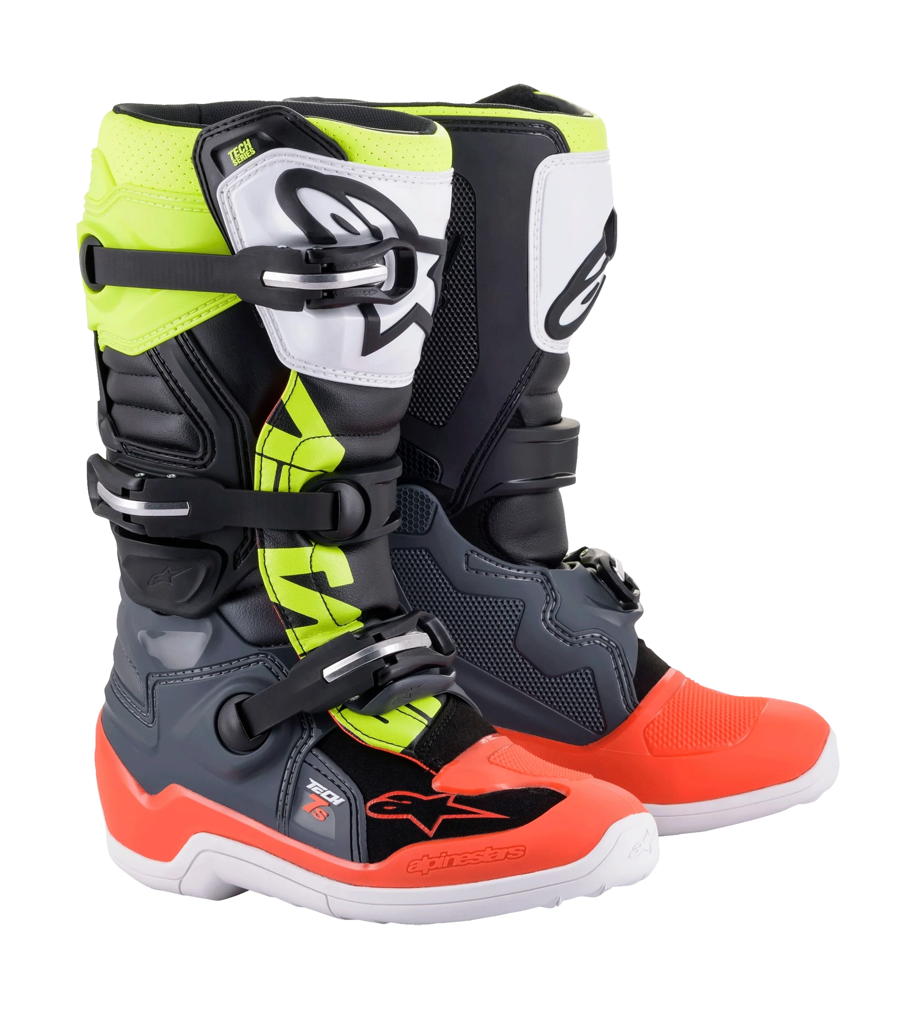 Alpinestars Youth Motocross Boots Tech 7S - Dark Grey / Fluo Red / Fluo Yellow