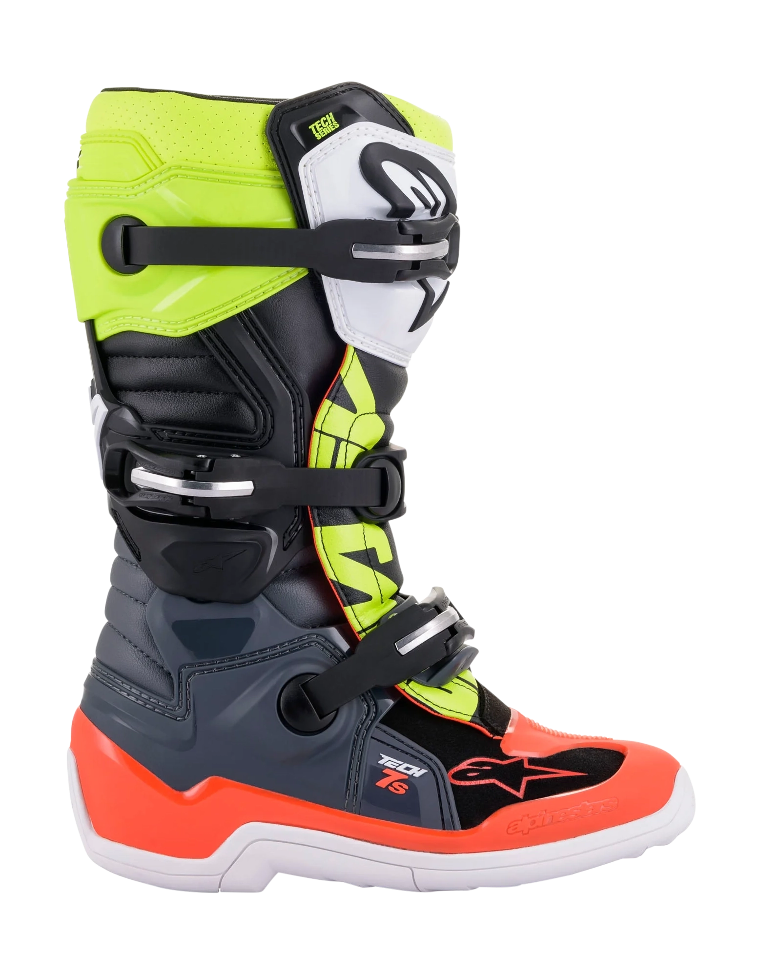 Alpinestars Youth Motocross Boots Tech 7S - Dark Grey / Fluo Red / Fluo Yellow