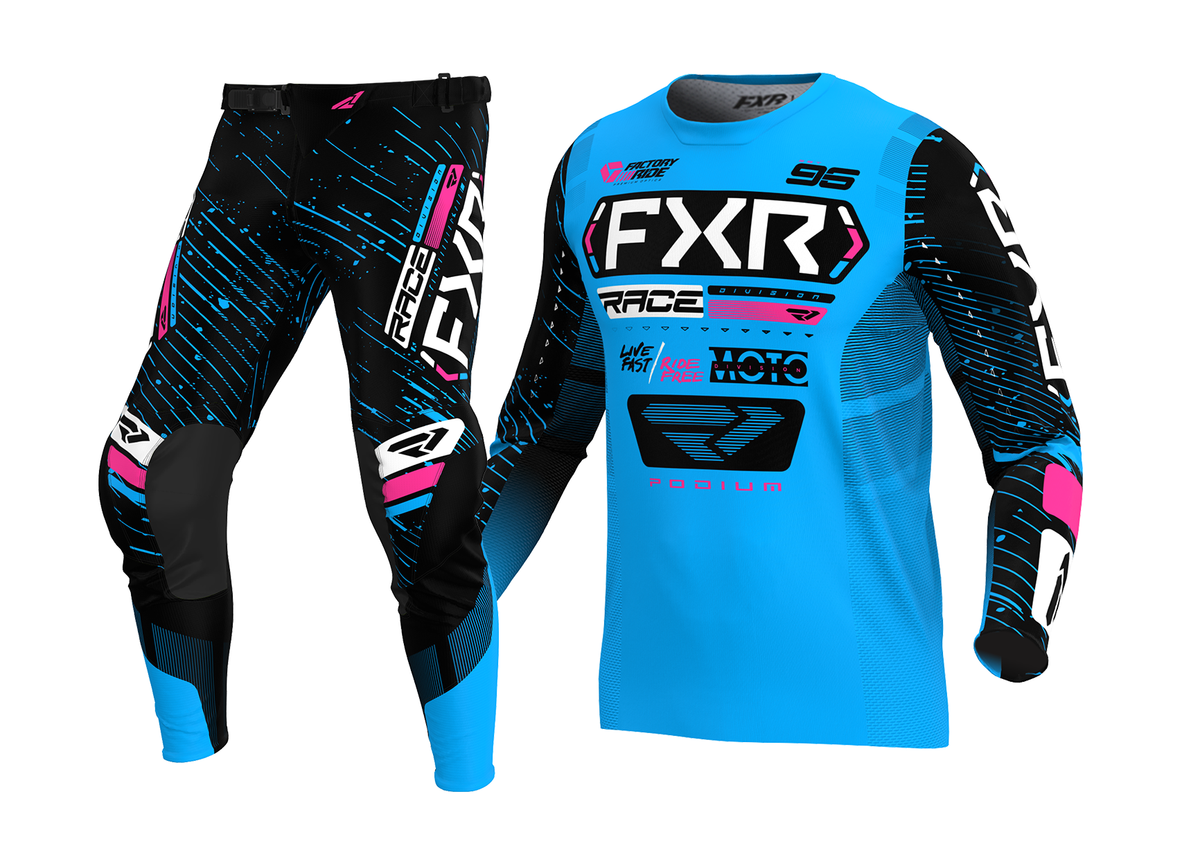 FXR Motocross Gear Podium - Cyan / Black / Pink