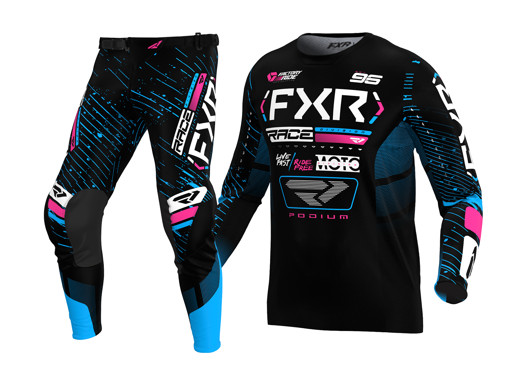 FXR Youth Motocross Gear Podium - Black / Cyan / Pink