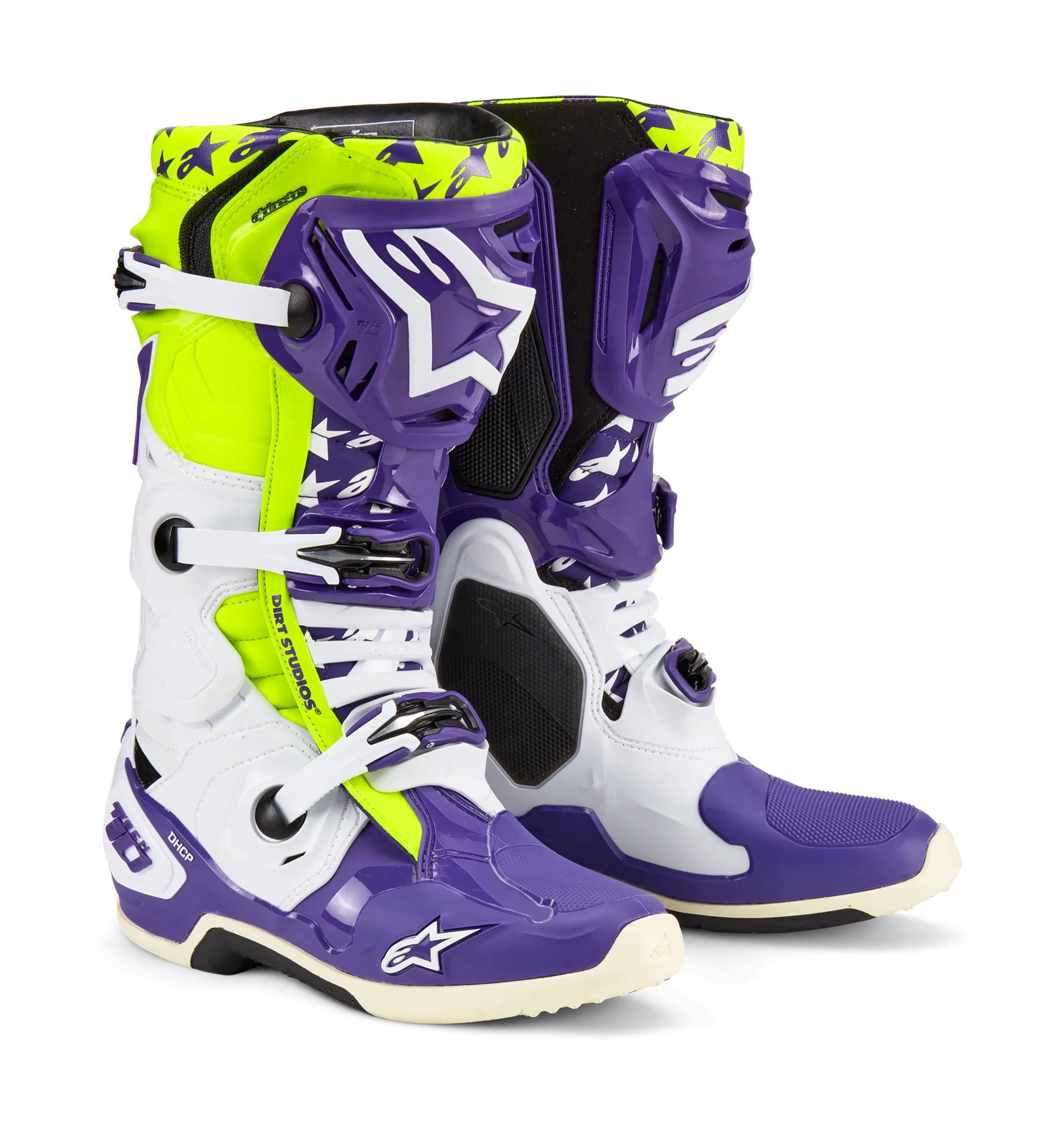 Alpinestars Motocross Boots Tech 10 LE Dirt Studios - White / Purple / Yellow Fluo