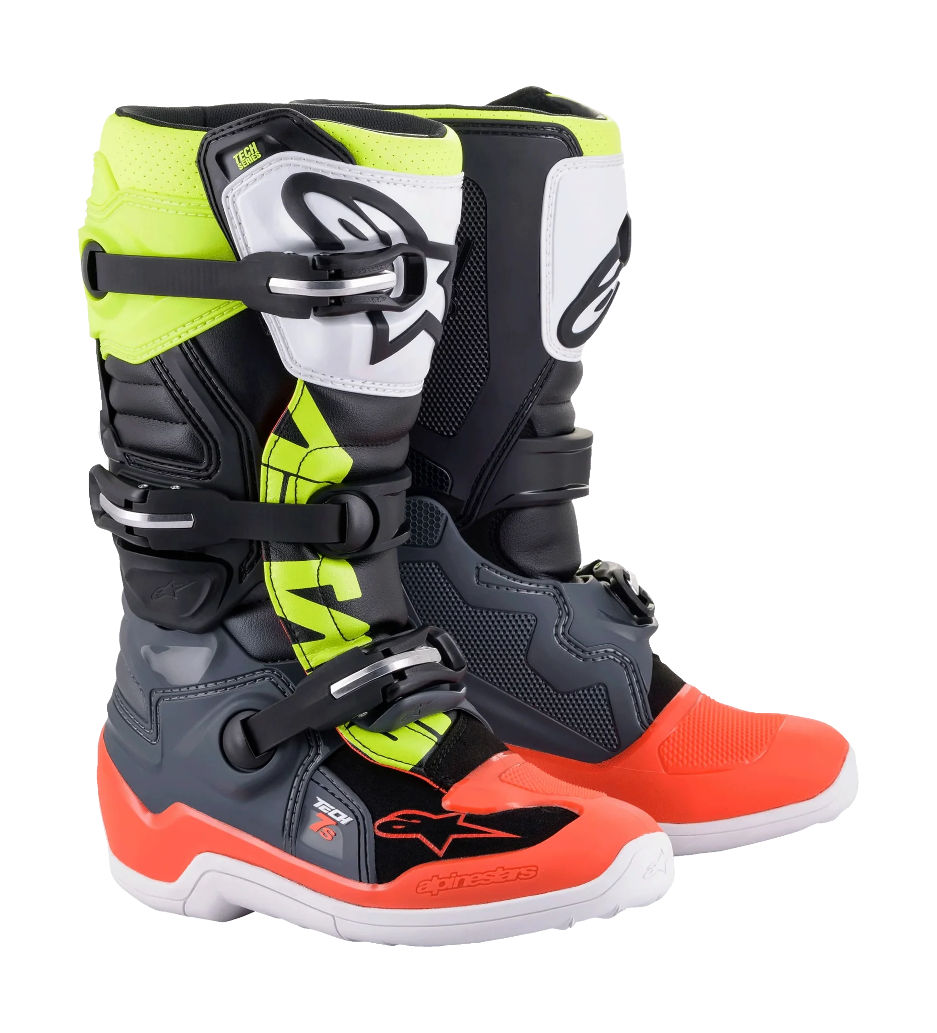 Alpinestars Youth Motocross Boots Tech 7S - Dark Grey / Fluo Red / Fluo Yellow